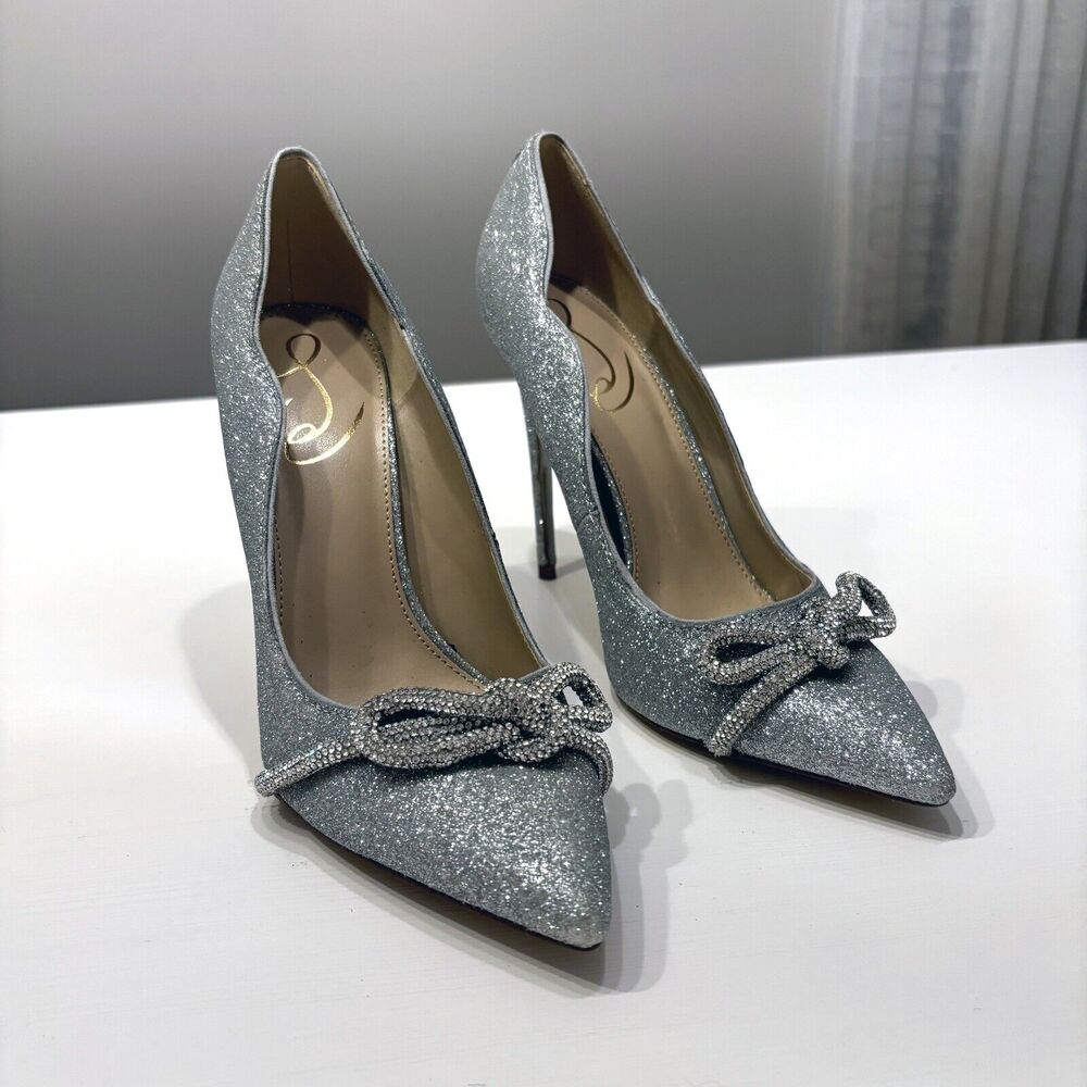 Sam Edelman Deela Embellished High Heel Silver Glitter Pointed Toe Pumps Sz 7.5‎